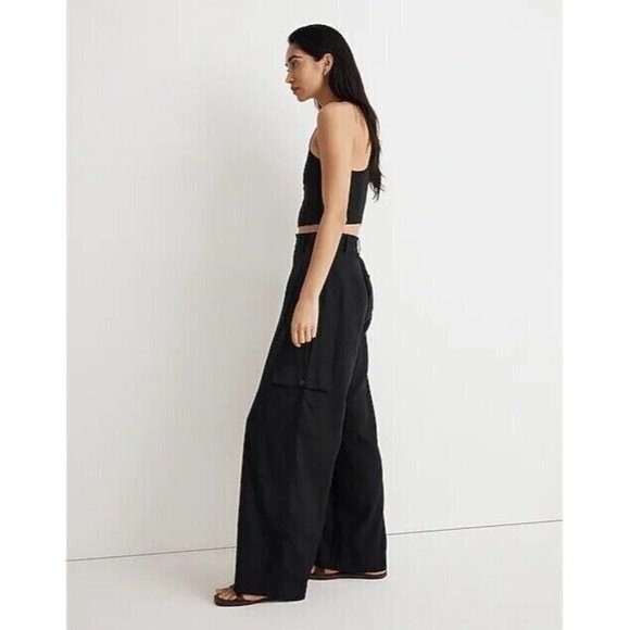 MADEWELL Wide-Leg Cargo Pants Linen-Blend Women's Size 14 Black  NN554 - Picture 11 of 13